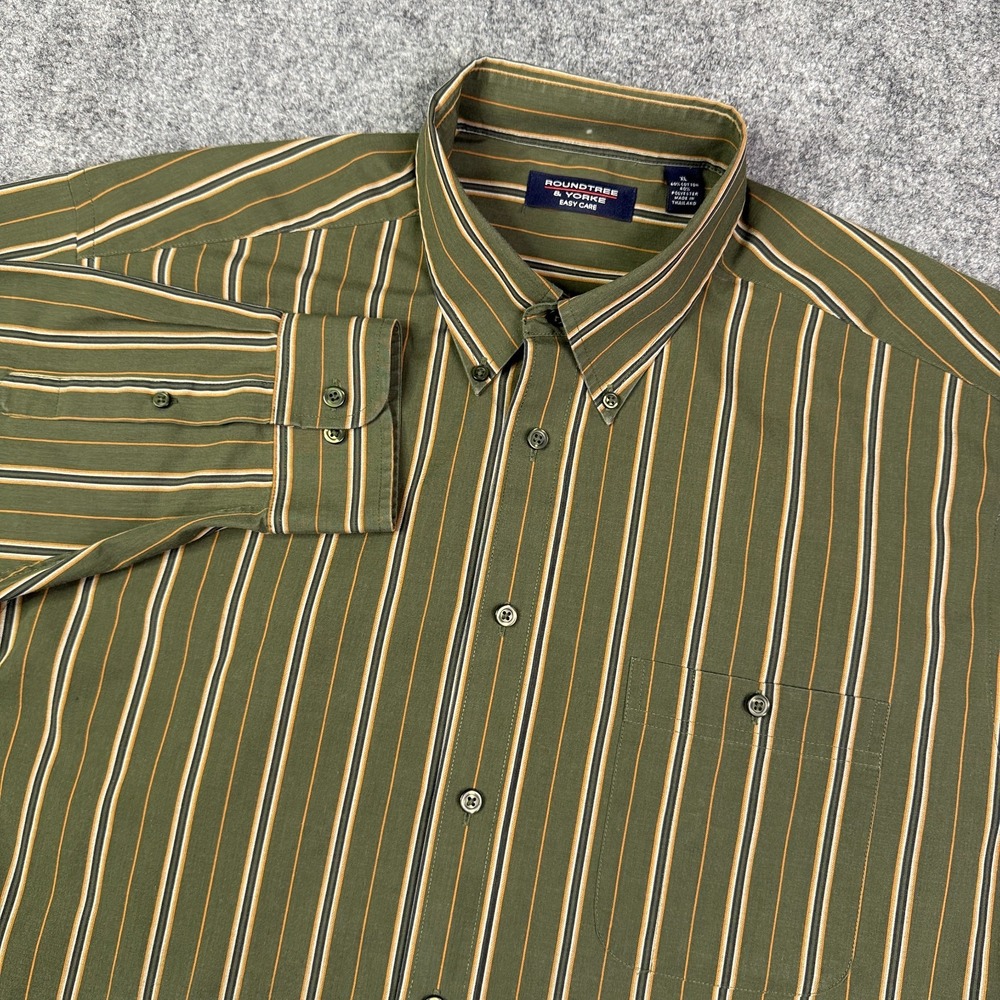Roundtree & Yorke Mens Shirt XL Green Striped Long Sleeve Button Up Easy Care